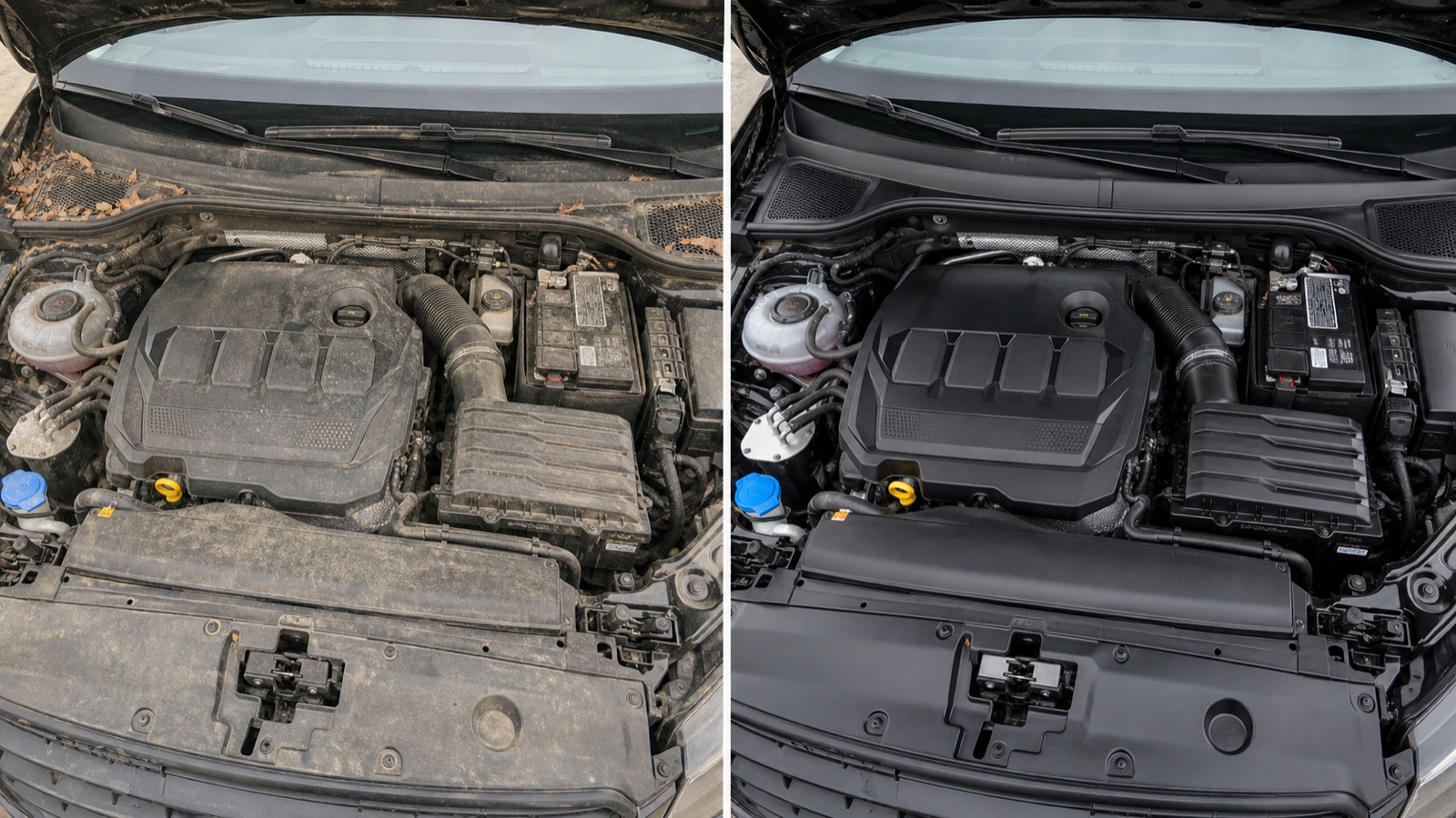 AI-generated view of the same dusty engine bay before detailing on the left and clean with a restrained satin finish on the right.