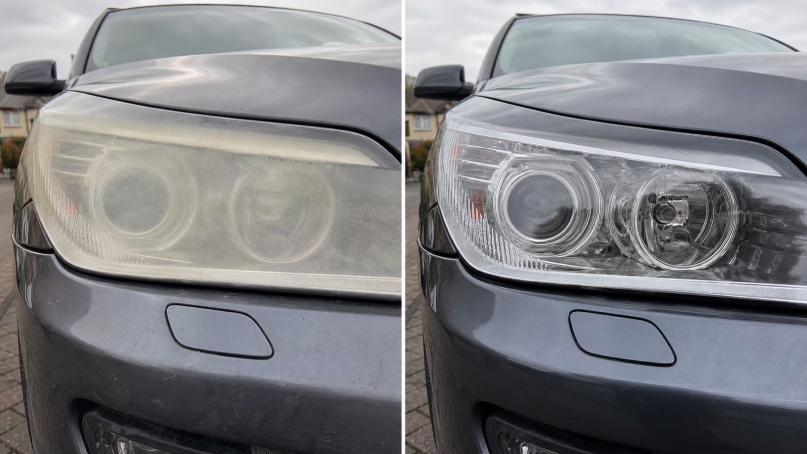 AI-generated view of the same cloudy oxidised headlight before restoration on the left and after clarity has been restored on the right.