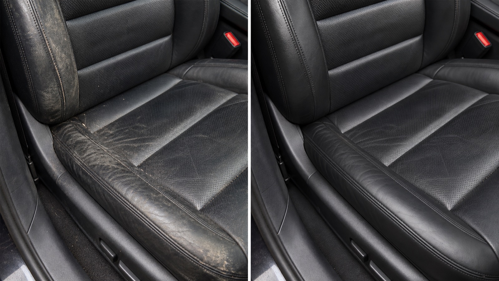 AI-generated view of the same black leather seat with embedded dirt and light colour wear before detailing on the left and clean with reduced wear on the right.