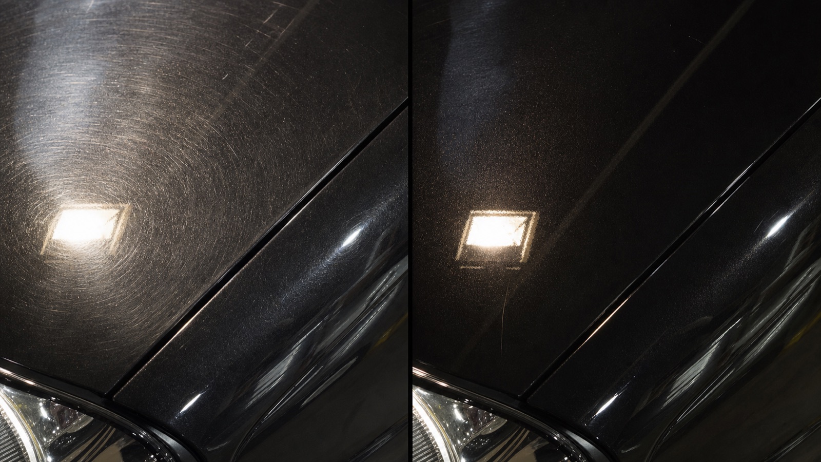 AI-generated close-up of the same black paint panel with swirl marks and light scratches before correction on the left and a clearer polished finish on the right.