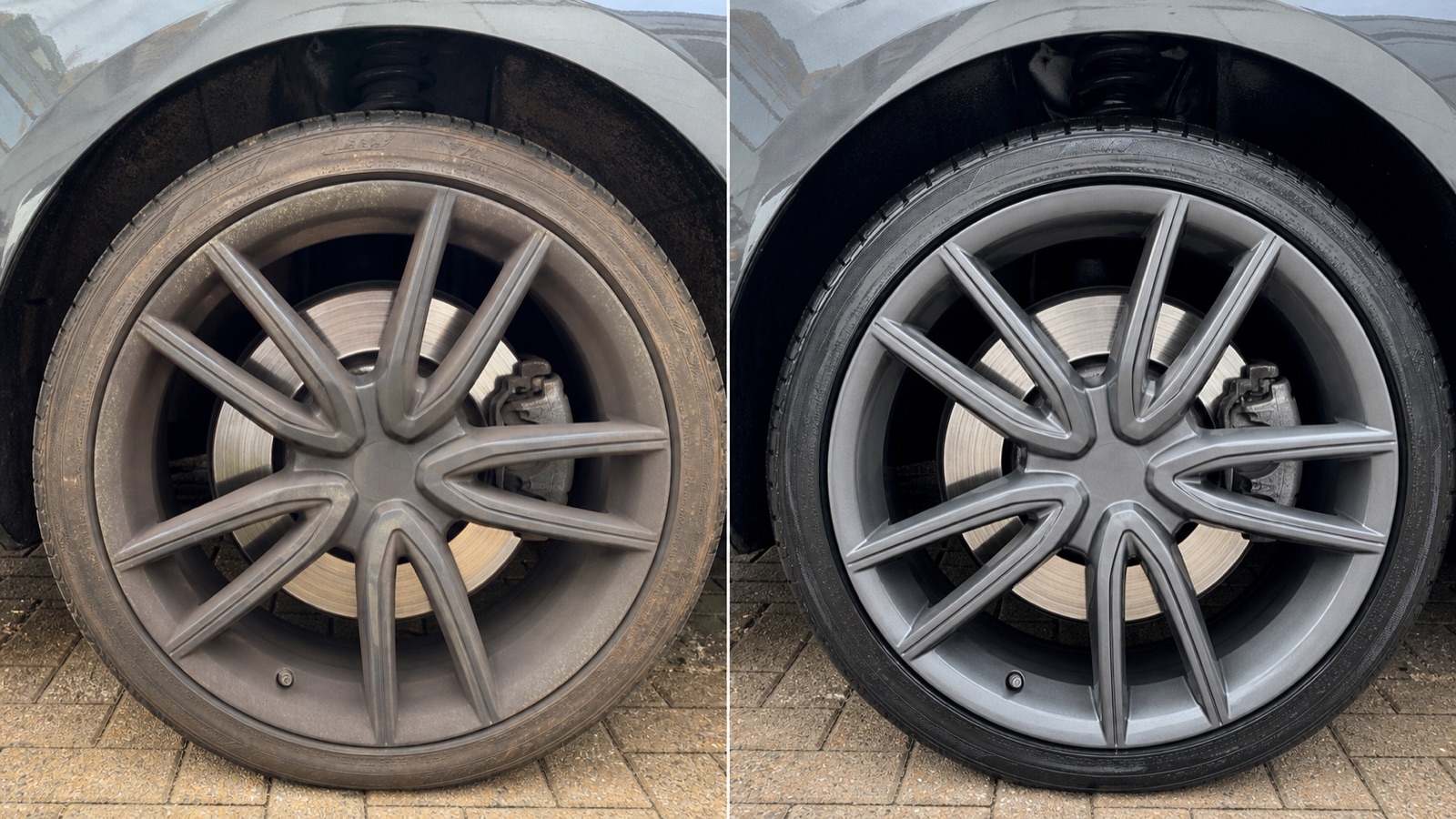 AI-generated view of the same alloy wheel and arch with brake dust and road grime before detailing on the left and clean with a satin tyre finish on the right.