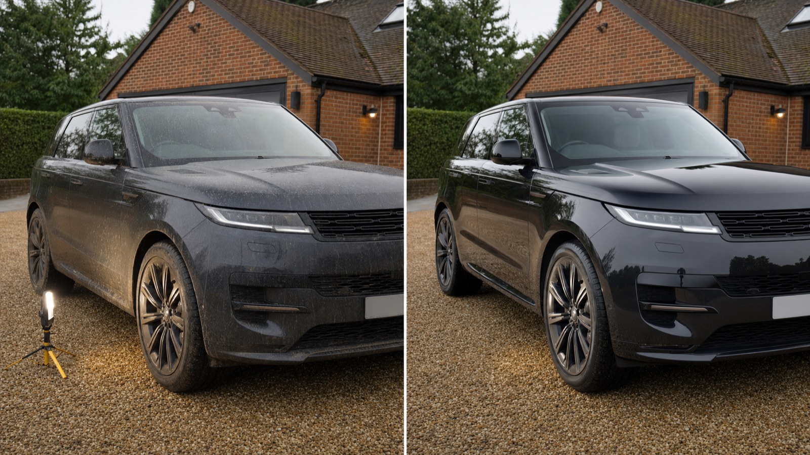AI-generated illustrative view of the same dark SUV before exterior detailing on the left and after cleaning, correction and protection on the right.
